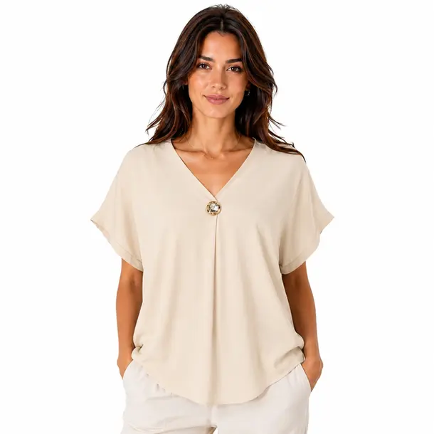 Blusa Feminina Ampla Gola V com Botão .LA3385 Bege