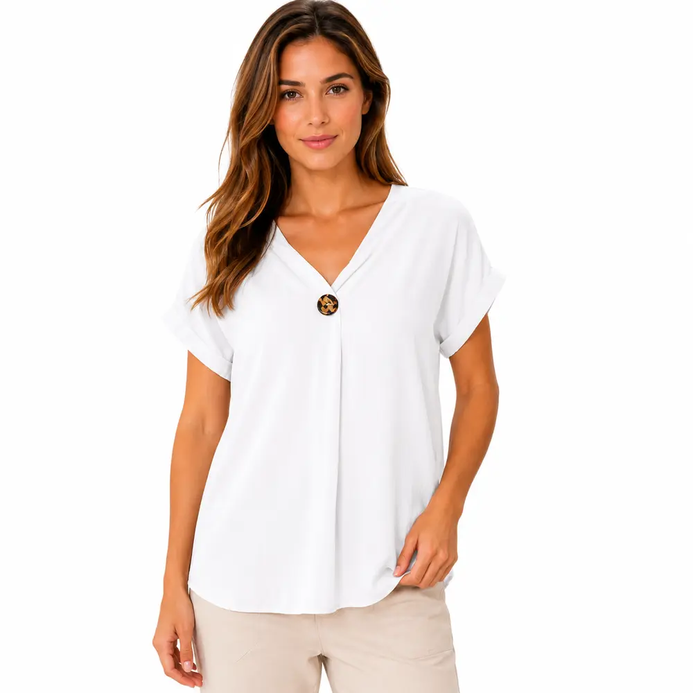 Blusa Feminina Ampla Gola V com Botão .LA3385
