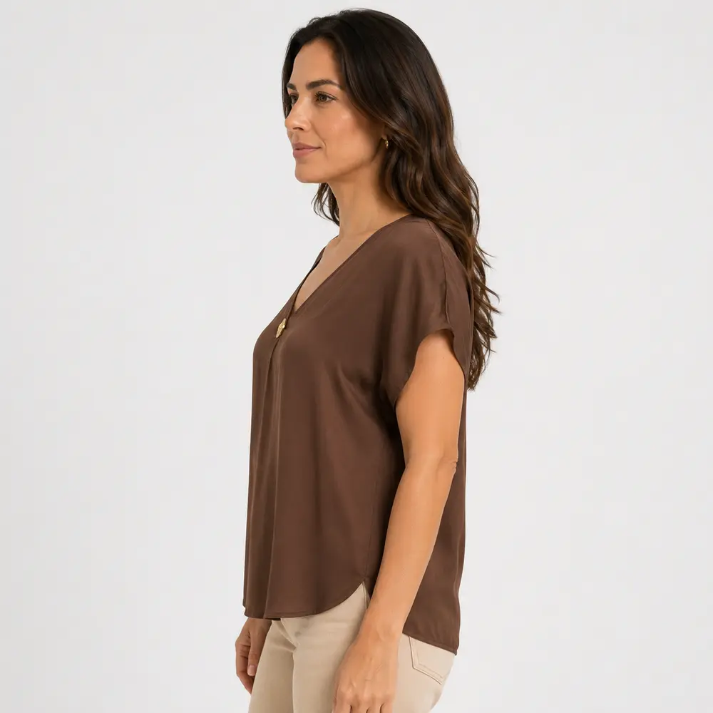 Blusa Feminina Ampla Gola V com Botão .LA3385