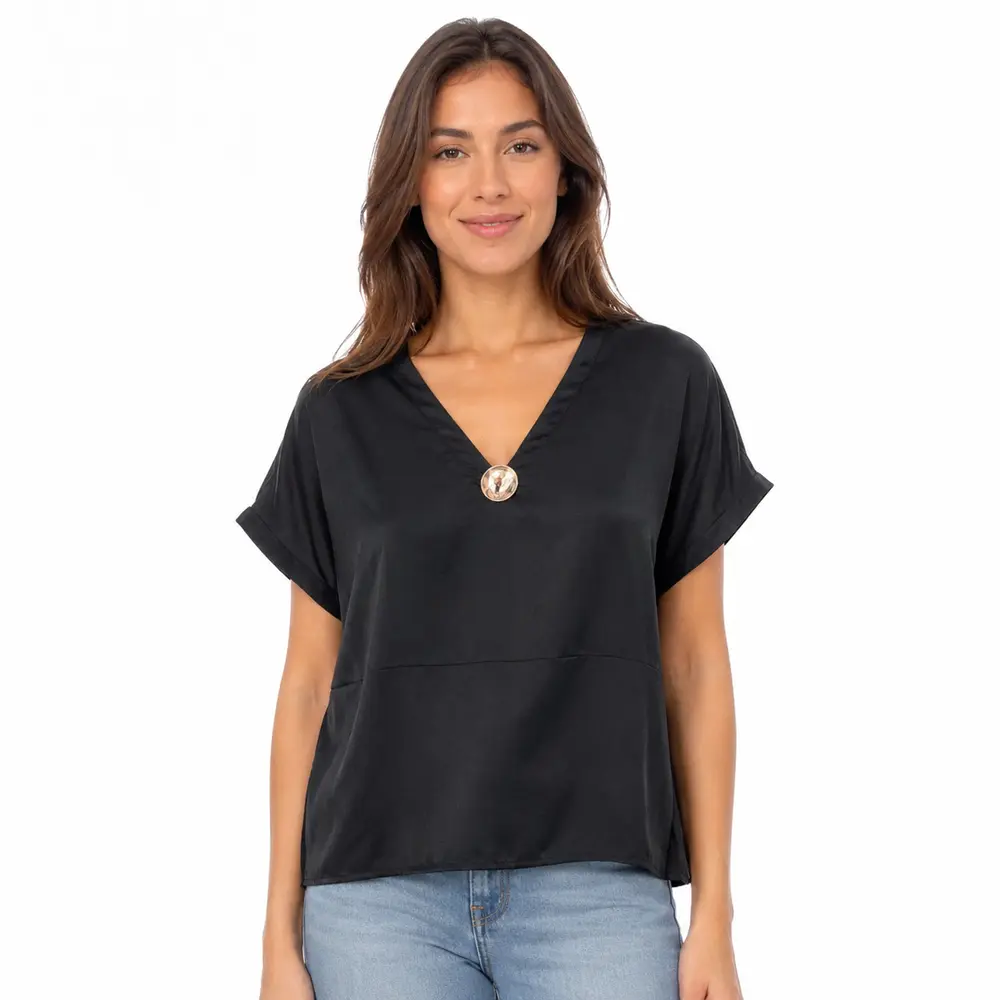 Blusa Feminina Ampla Gola V com Botão .LA3385
