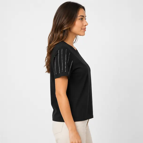 Blusa Feminina Manga Curta Com Strass .SF705 Preto