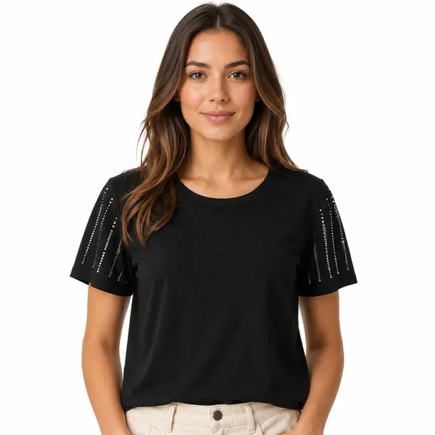 Blusa Feminina Manga Curta Com Strass .SF705 Preto
