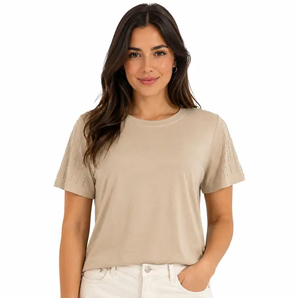 Blusa Feminina Manga Curta Com Strass .SF705 Bege