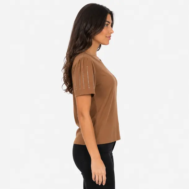 Blusa Feminina Manga Curta Com Strass .SF705 Marrom