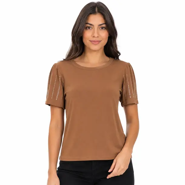 Blusa Feminina Manga Curta Com Strass .SF705 Marrom