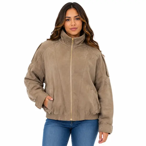 Jaqueta Feminina Suede Bomber com Ziper .26210109 Caqui