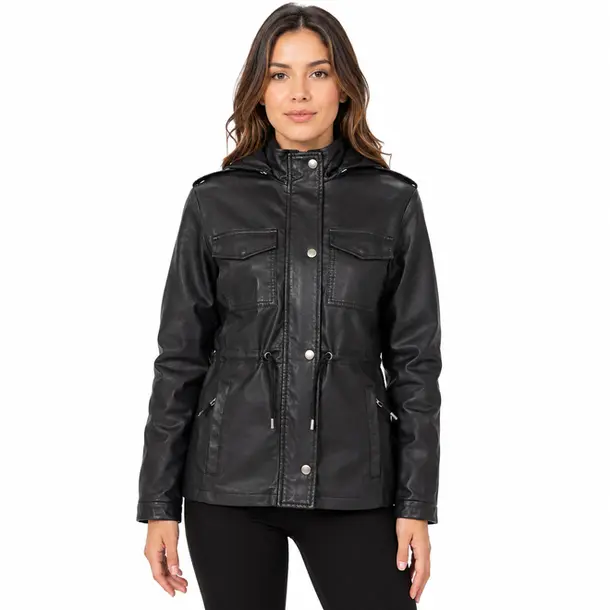 Jaqueta Feminina Parka PU com Ajuste .26060026 Preto