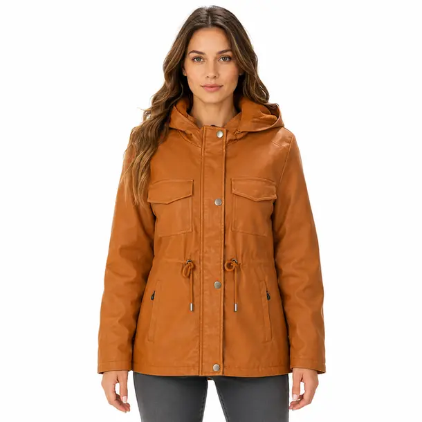 Jaqueta Feminina Parka PU com Ajuste .26060026 Caramelo