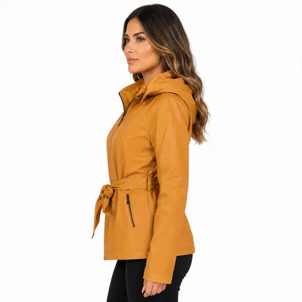Jaqueta Feminina Parka PU com Cinto .26060020 Caramelo
