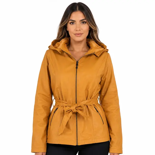 Jaqueta Feminina Parka PU com Cinto .26060020 Caramelo