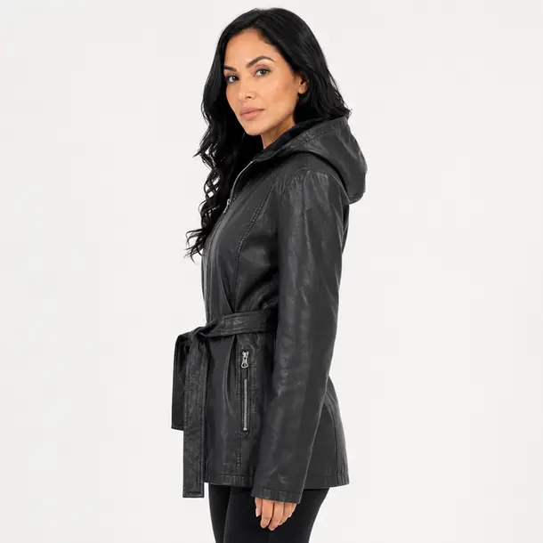Jaqueta Feminina Parka PU com Cinto .26060020 Preto