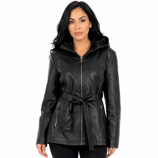 Jaqueta Feminina Parka PU com Cinto .26060020 Preto