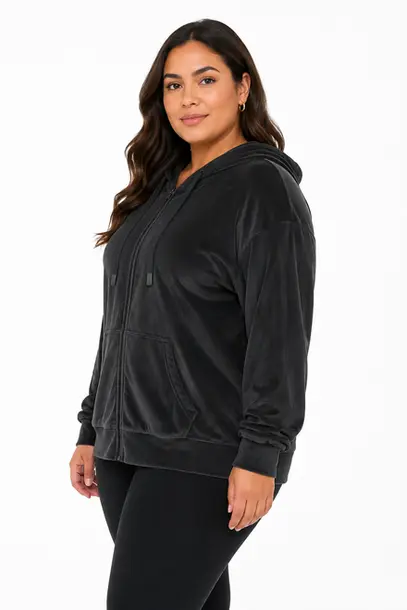 Jaqueta Fem Plus Plush com Capuz 1002319B Preto