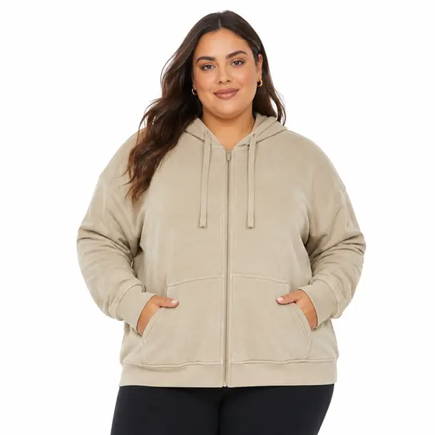 Jaqueta Fem Plus Plush com Capuz 1002319B Caqui