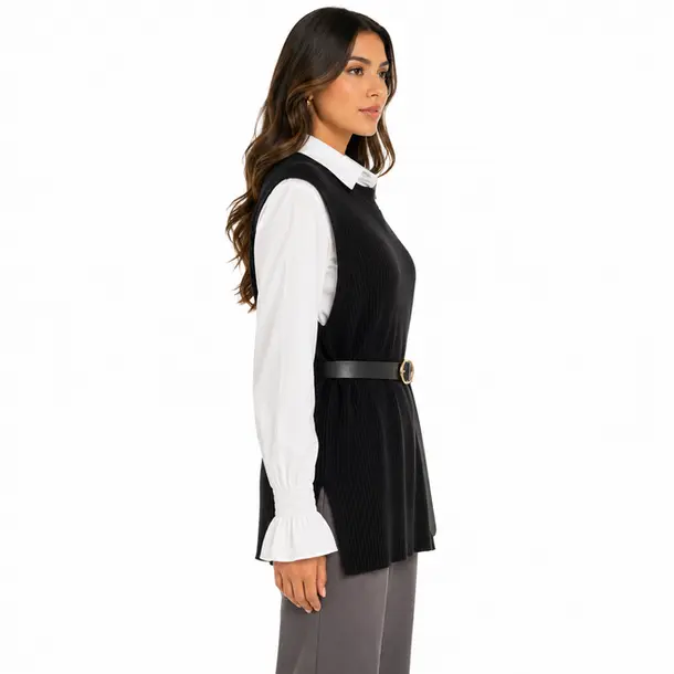 Twin Set Fem Camisa Colete Cinto Removivel .S1200 Preto