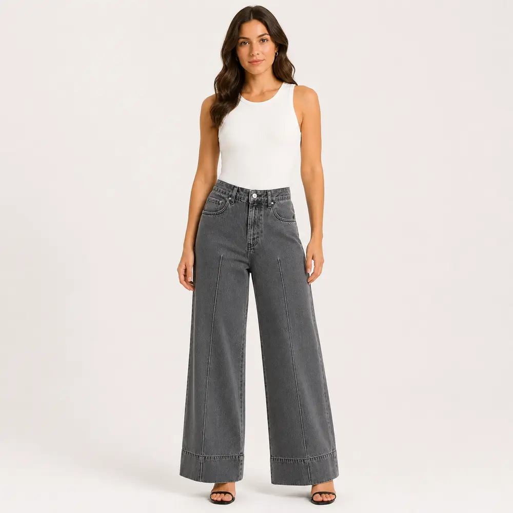 Calça Fem Jeans Wide Leg com Nervura .3882