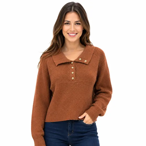 Suéter Feminino Tricô Manga Longa Gola Polo .YUX1054 Marrom