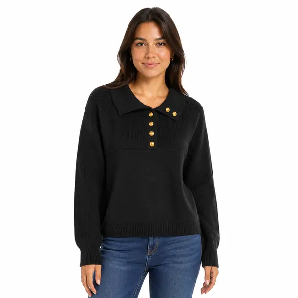 Suéter Feminino Tricô Manga Longa Gola Polo .YUX1054 Preto