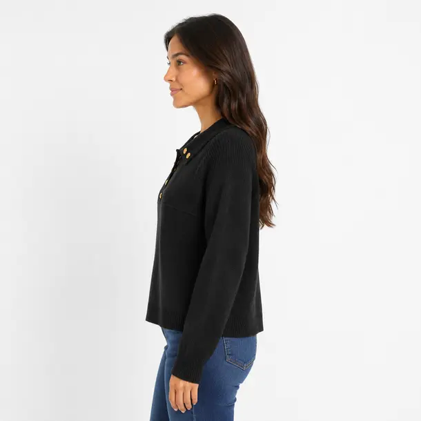 Suéter Feminino Tricô Manga Longa Gola Polo .YUX1054 Preto