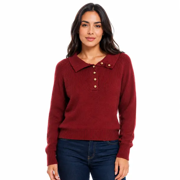 Suéter Feminino Tricô Manga Longa Gola Polo .YUX1054 Bordo
