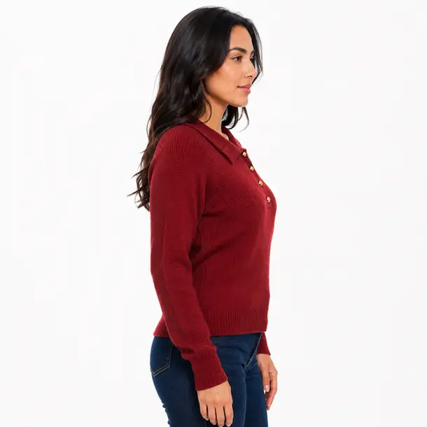 Suéter Feminino Tricô Manga Longa Gola Polo .YUX1054 Bordo