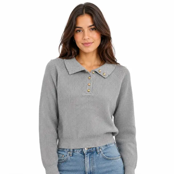 Suéter Feminino Tricô Manga Longa Gola Polo .YUX1054 Cinza