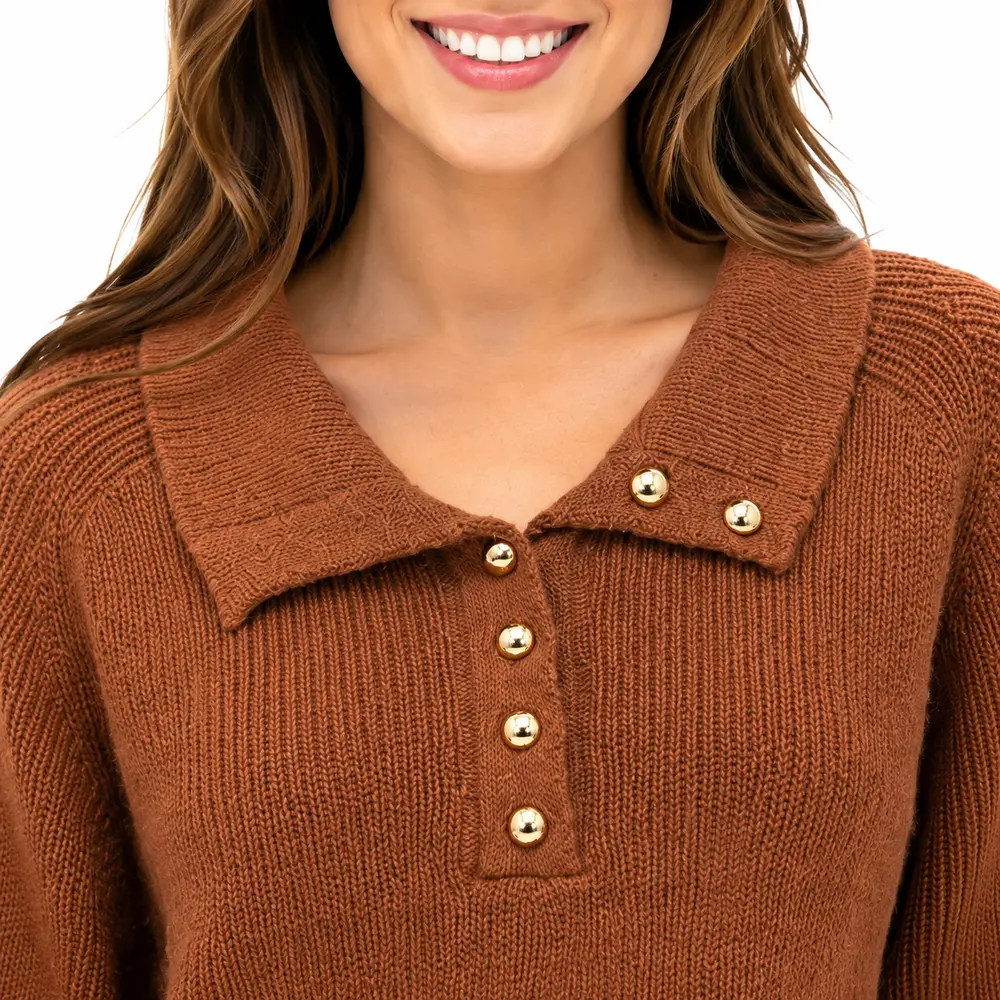 Suéter Feminino Tricô Manga Longa Gola Polo .YUX1054