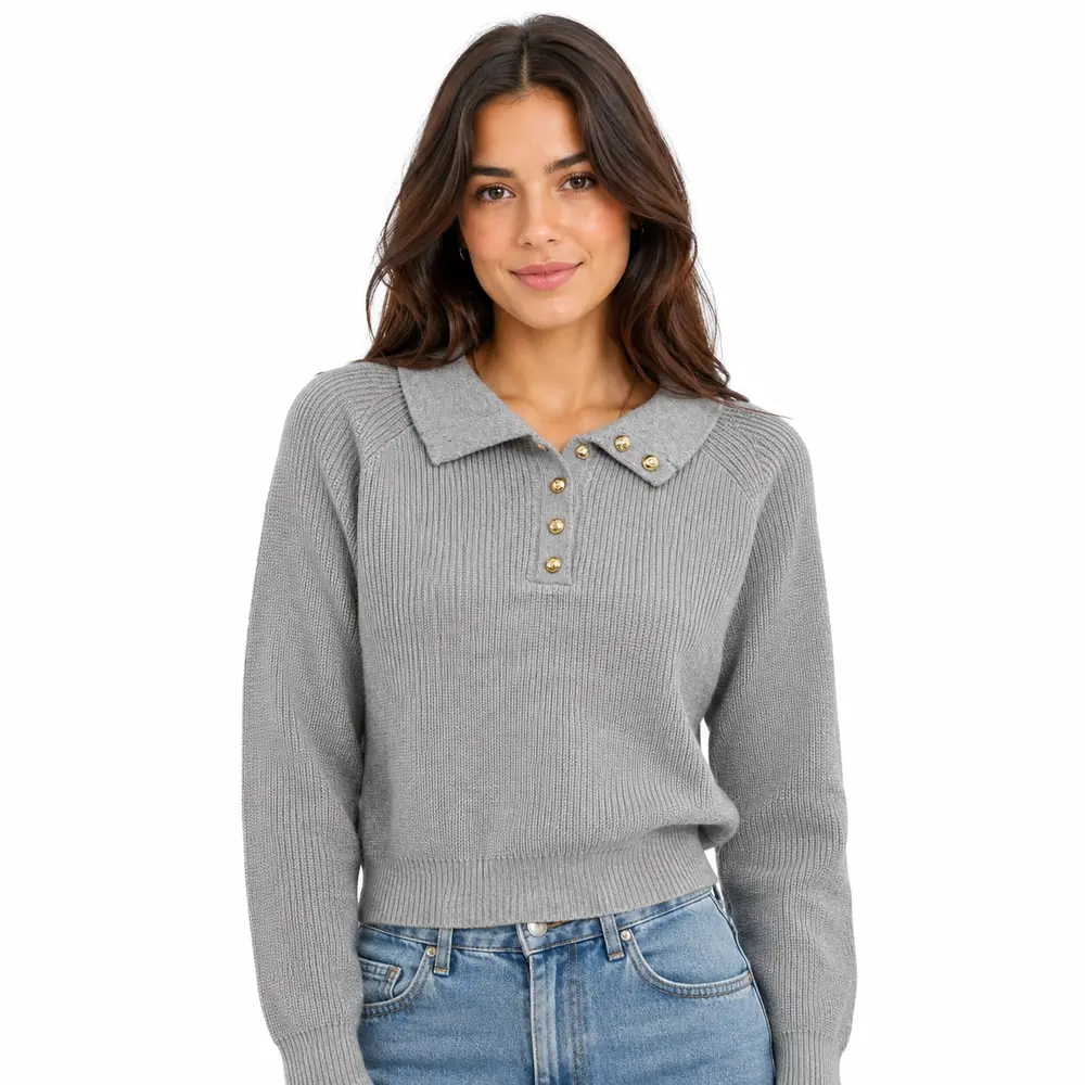 Suéter Feminino Tricô Manga Longa Gola Polo .YUX1054