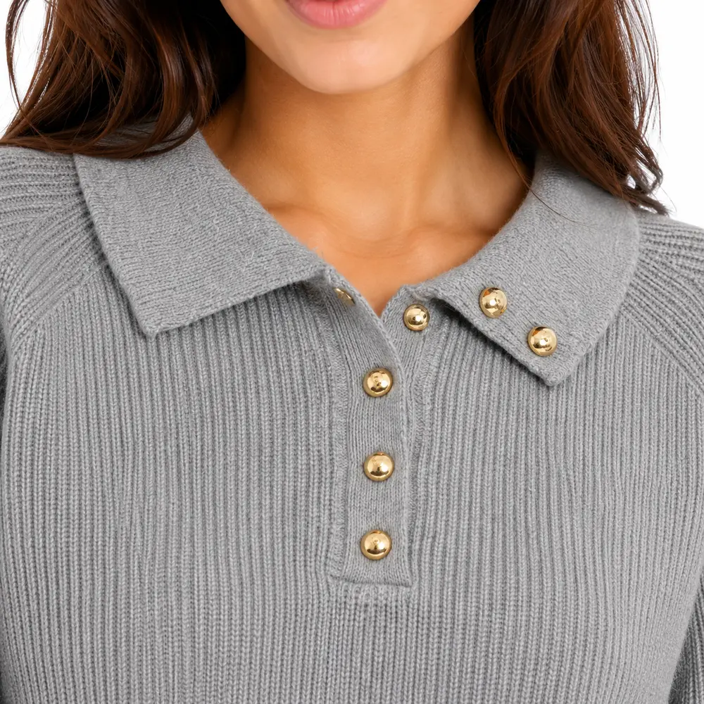 Suéter Feminino Tricô Manga Longa Gola Polo .YUX1054