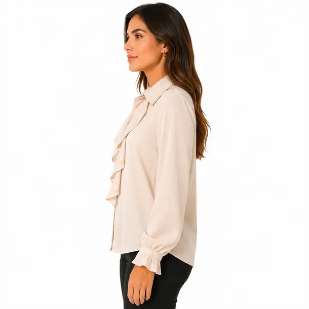 Camisa Feminina Crepe Manga Longa Com Babado .WS6938 Nude