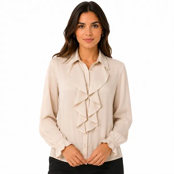 Camisa Feminina Crepe Manga Longa Com Babado .WS6938 Nude