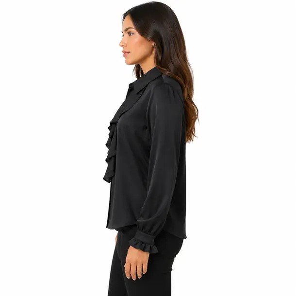 Camisa Feminina Crepe Manga Longa Com Babado .WS6938 Preto
