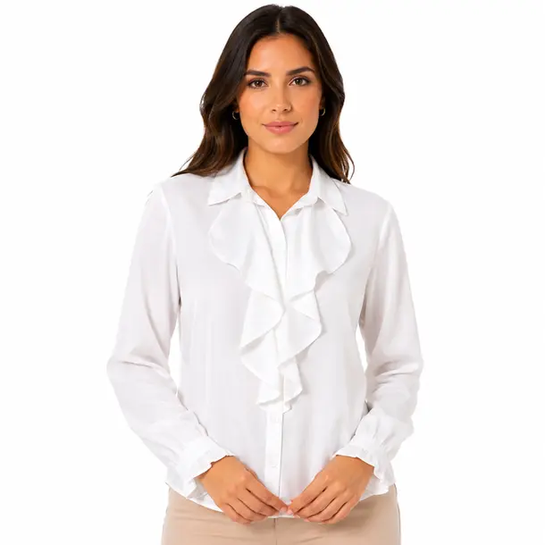 Camisa Feminina Crepe Manga Longa Com Babado .WS6938 Branco
