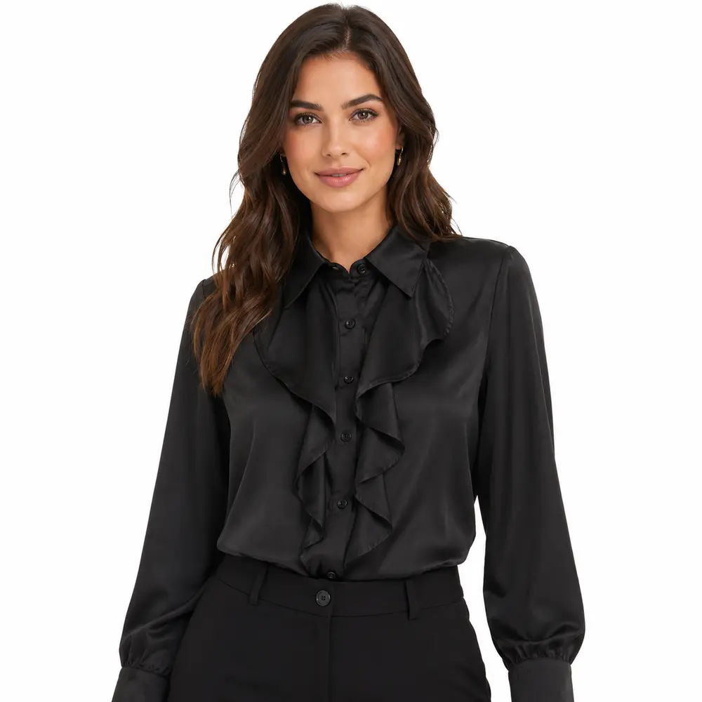 Camisa Feminina Crepe Manga Longa Com Babado .WS6938
