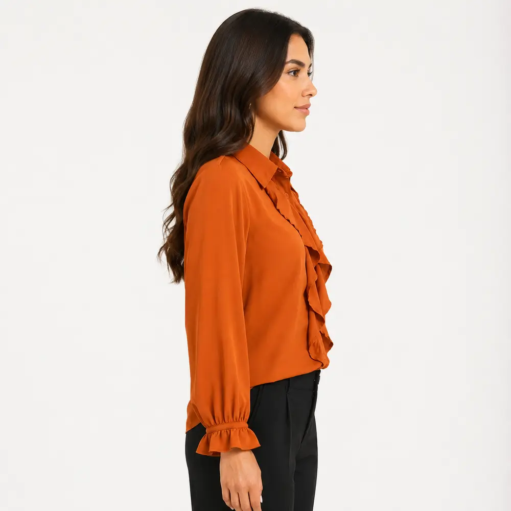 Camisa Feminina Crepe Manga Longa Com Babado .WS6938
