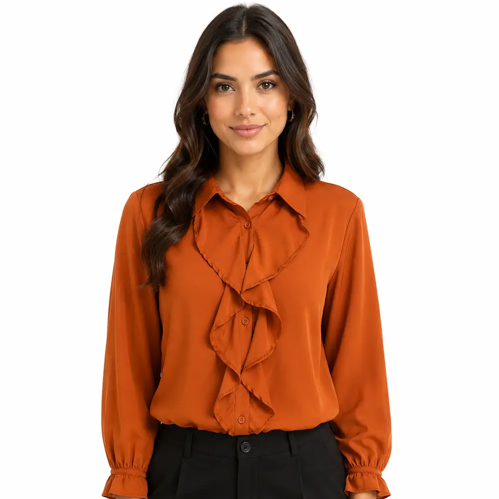 Camisa Feminina Crepe Manga Longa Com Babado .WS6938