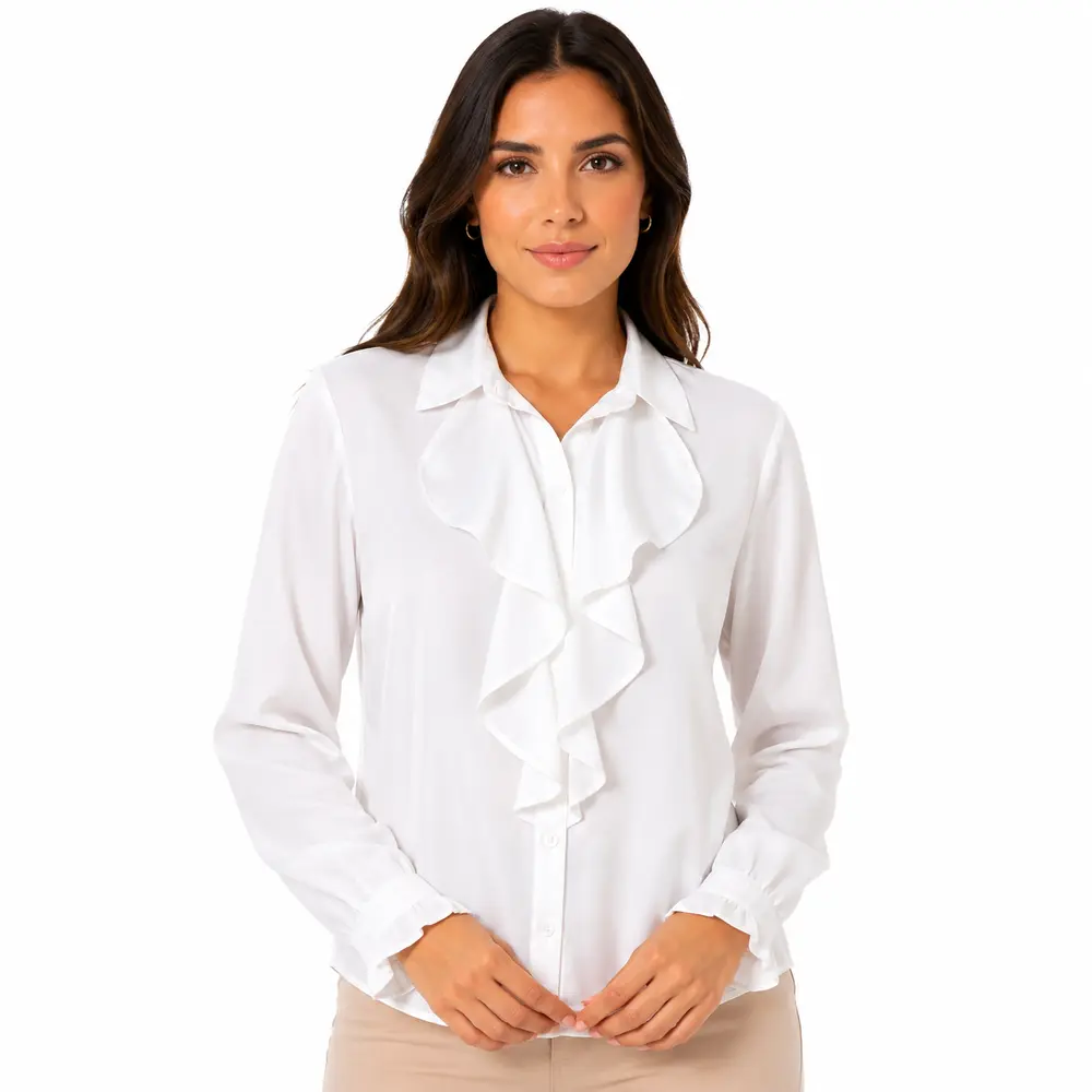 Camisa Feminina Crepe Manga Longa Com Babado .WS6938